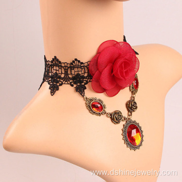 Fashion Lace Red Rose Gemstone Pendant Necklace